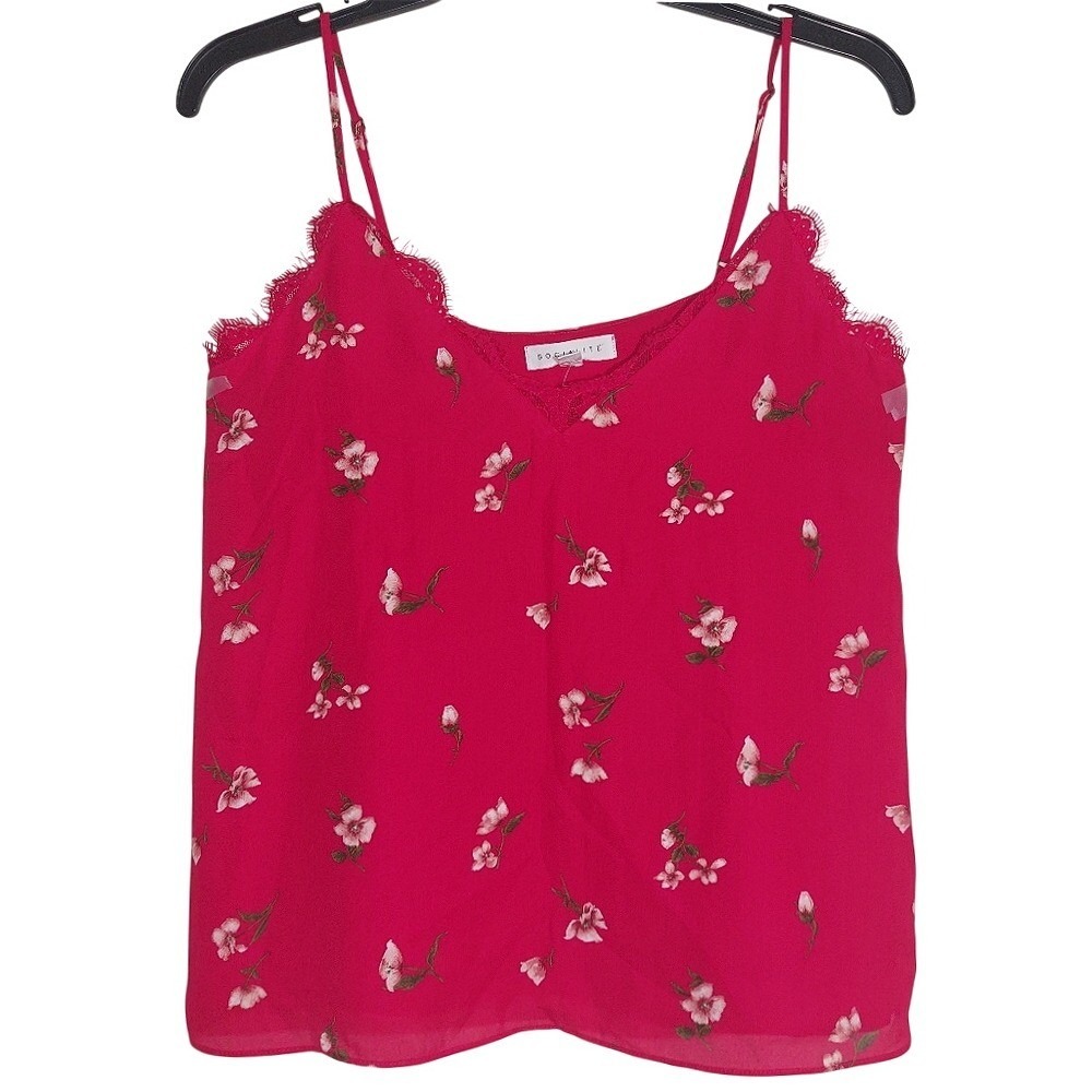 NWT Socialite Women's Floral Spaghetti Straps  Lace Trim Camisole Top Red Size S - Picture 3 of 9